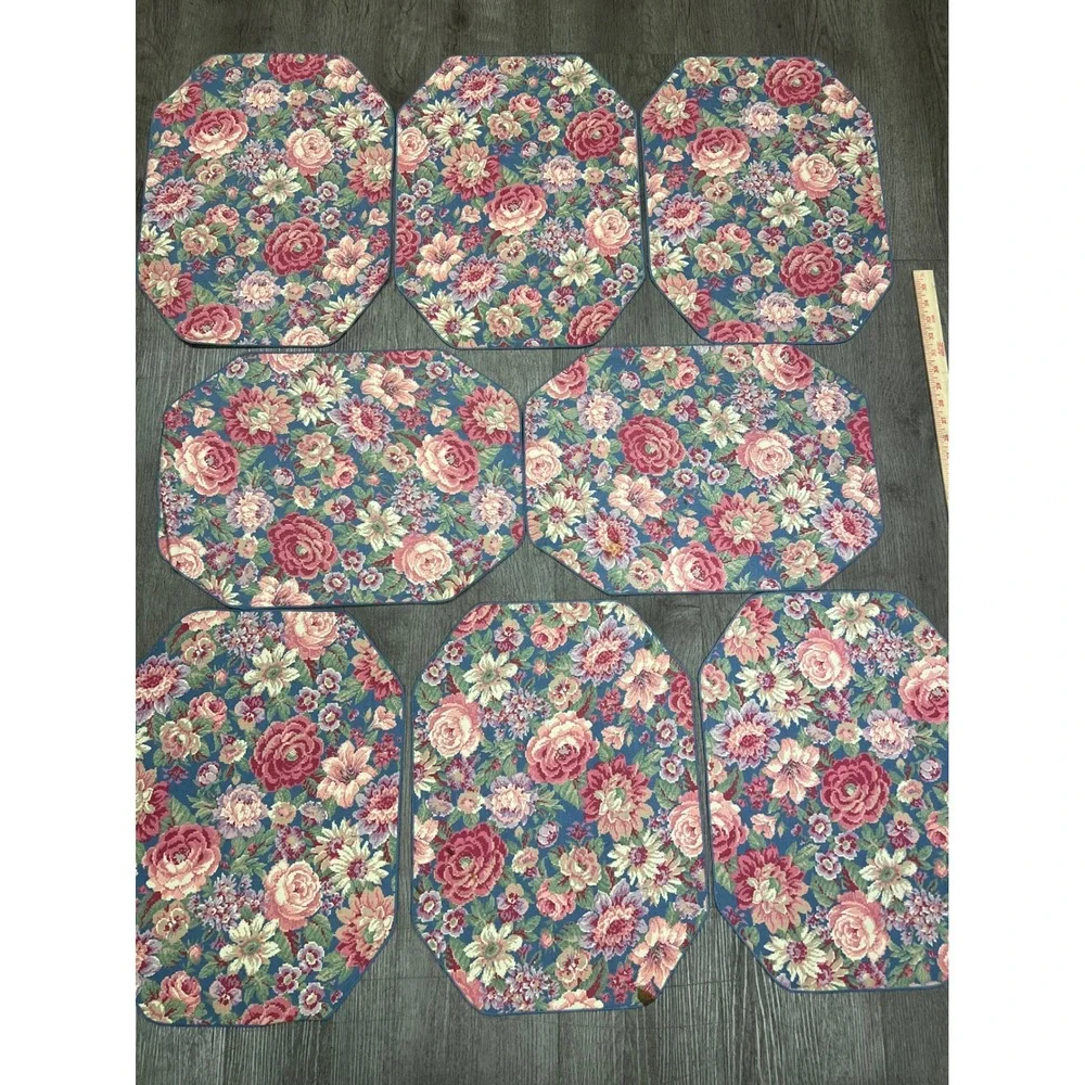 Vintage 80s 90s Quilted Placemats Set of 8 Cottagecore Cabbage Rose Floral Blue